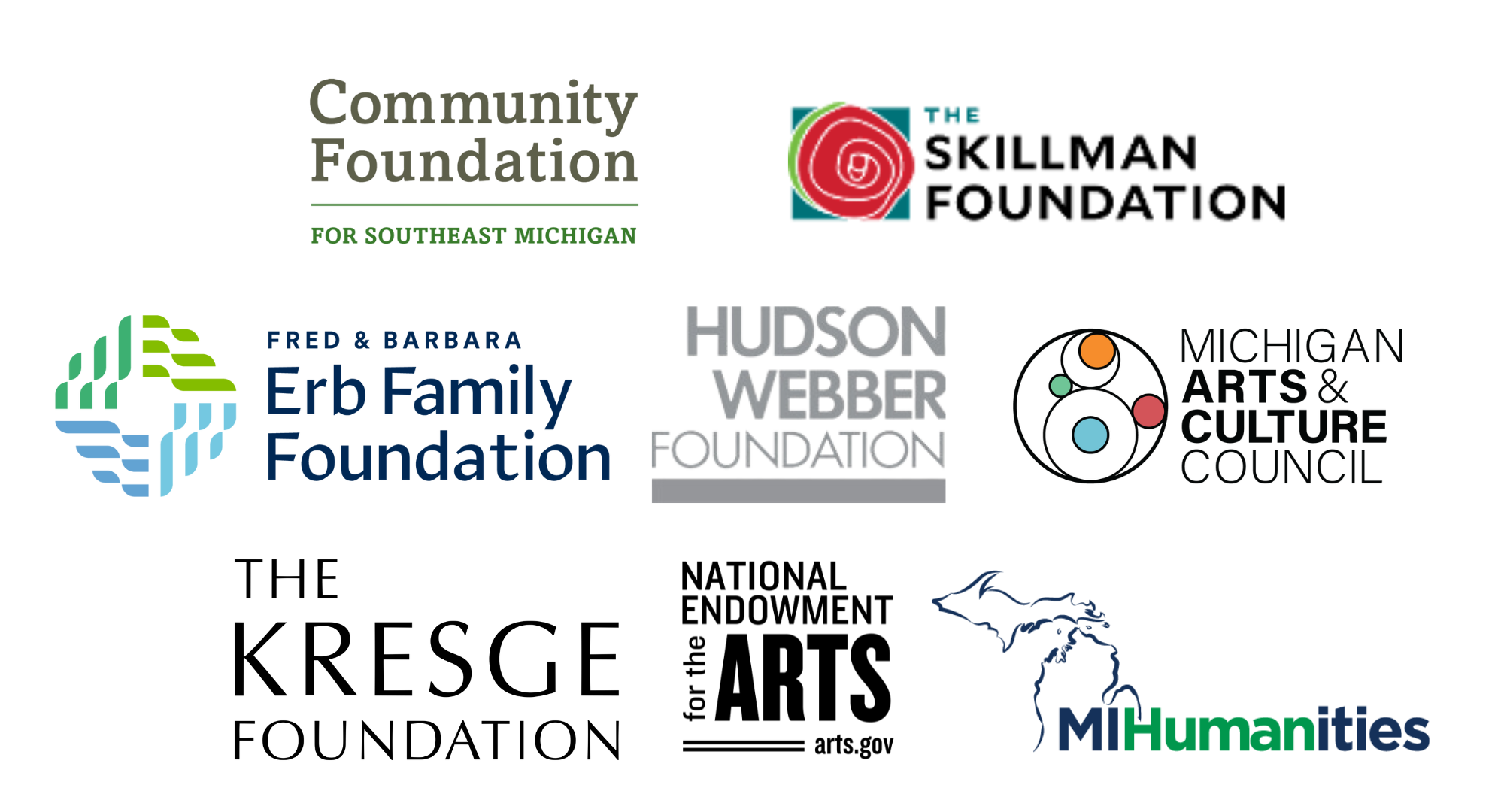Logos of funders that support the Detroit Artists Market.