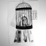 11. a boy in a bird cage